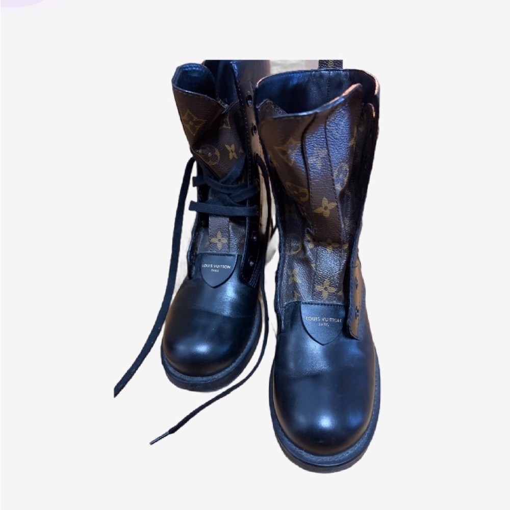 Louis Vuitton Black Leather and Brown Monogram Lace-Up Boots